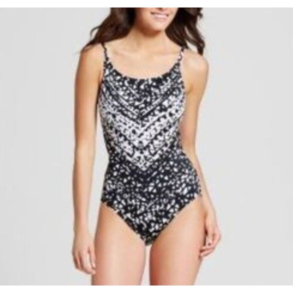 Badgley Mischka Swimsuit Size 6 Black Ivory Print Crisscross Back Adjustable
